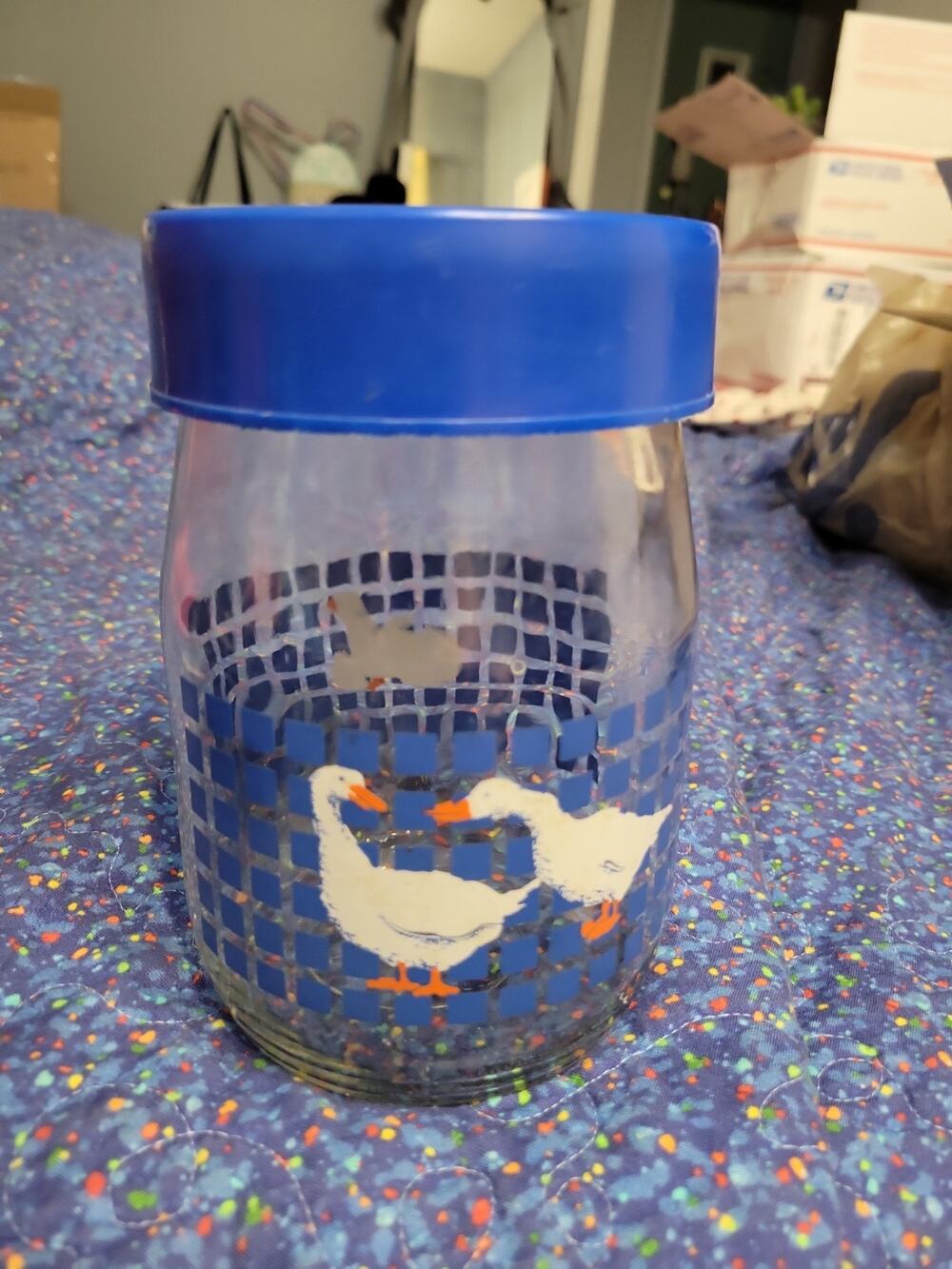 Vintage 1982 CARLTON Glass Duck Goose Canister 1 Liter Clear Blue